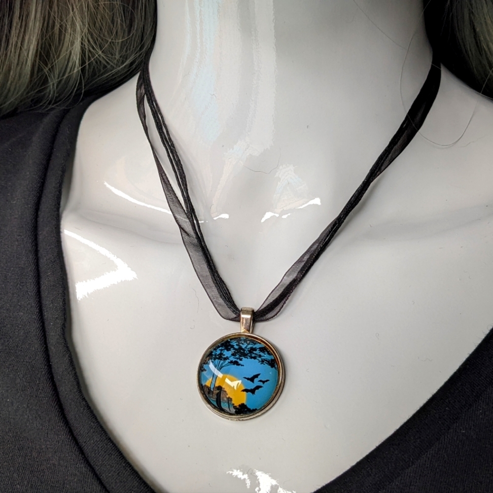 Night Sky Bats Moon Pendant Black Ribbon Triple Cord Necklace